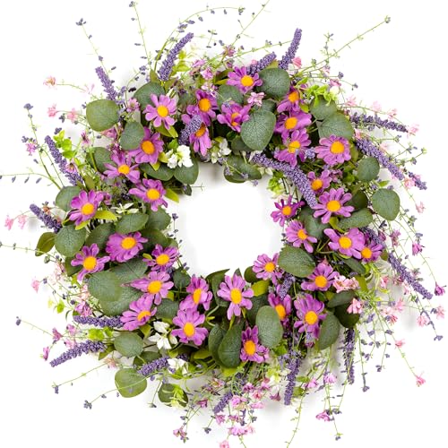 YUGALI 26" Spring Summer Wreaths for Front Door, Artificial Green Eucalyptus Lavender Purple Daisies Wildflower Berries Handmade Floral Year Round Indoor Outdoor Porch Home Decor - Image 1
