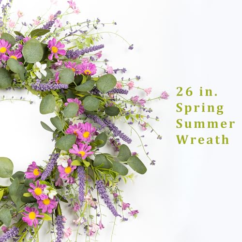 YUGALI 26" Spring Summer Wreaths for Front Door, Artificial Green Eucalyptus Lavender Purple Daisies Wildflower Berries Handmade Floral Year Round Indoor Outdoor Porch Home Decor - Image 5