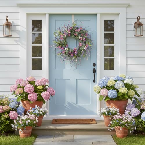 YUGALI 26" Spring Summer Wreaths for Front Door, Artificial Green Eucalyptus Lavender Purple Daisies Wildflower Berries Handmade Floral Year Round Indoor Outdoor Porch Home Decor - Image 2