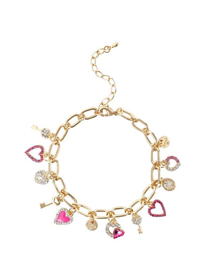 Chicgrowth Cute Gold Heart Charm Link Bracelet for Women 14K Gold Plated Rhinetstone Love Heart Lock Key Lucky Clover Chain Bracelet with Dangle Crystal Pendant Adjustable Party Trendy Y2K Jewelry Gift for Women - Image 1