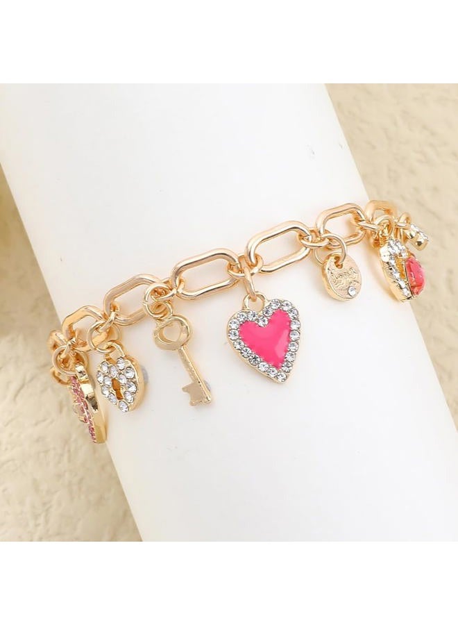 Chicgrowth Cute Gold Heart Charm Link Bracelet for Women 14K Gold Plated Rhinetstone Love Heart Lock Key Lucky Clover Chain Bracelet with Dangle Crystal Pendant Adjustable Party Trendy Y2K Jewelry Gift for Women - Image 5