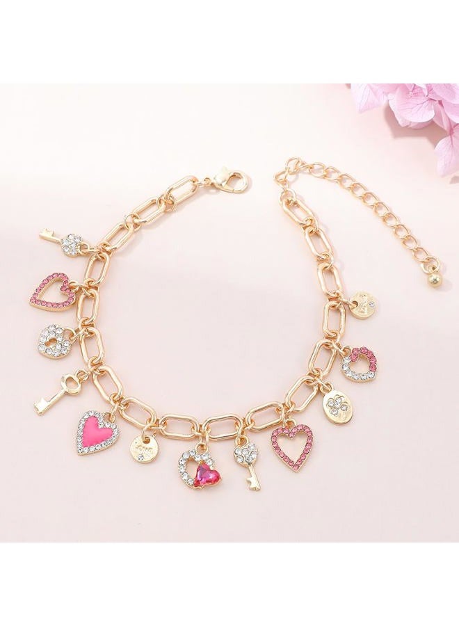 Chicgrowth Cute Gold Heart Charm Link Bracelet for Women 14K Gold Plated Rhinetstone Love Heart Lock Key Lucky Clover Chain Bracelet with Dangle Crystal Pendant Adjustable Party Trendy Y2K Jewelry Gift for Women - Image 3