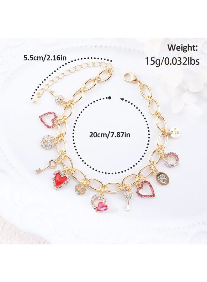 Chicgrowth Cute Gold Heart Charm Link Bracelet for Women 14K Gold Plated Rhinetstone Love Heart Lock Key Lucky Clover Chain Bracelet with Dangle Crystal Pendant Adjustable Party Trendy Y2K Jewelry Gift for Women - Image 2