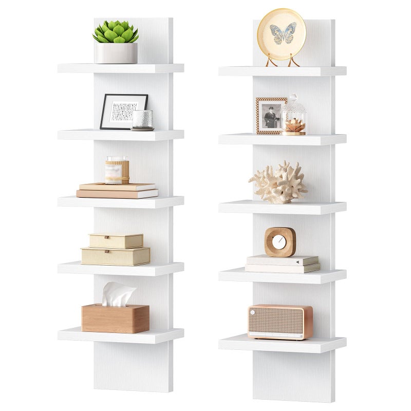 HOOBRO 5 Tier Wall Shelf Unit, 2 Pack Floating Shelves Wall Mounted, Wall Mount Vertical Shelving, Floating Storage Rack, Organizer Tall Tower Design for Livingroom, Bedroom, Kitchen, White WT18BJP201 - Image 1