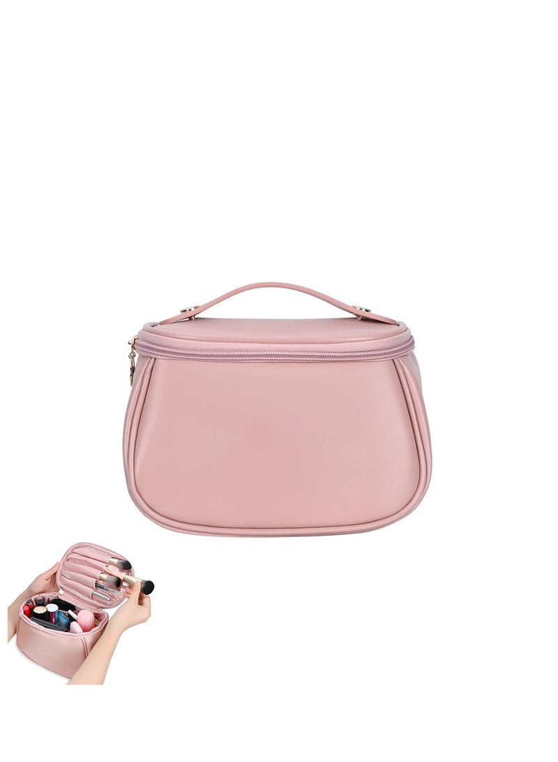 Excefore PU Cosmetic Bag, Large Capacity Travel Cosmetic Bag, Artist Makeup Travel Case, Waterproof Portable PU Makeup Organizer Bag with Handle Toiletry Bag Gifts for Girls Women (Pink) - Image 1