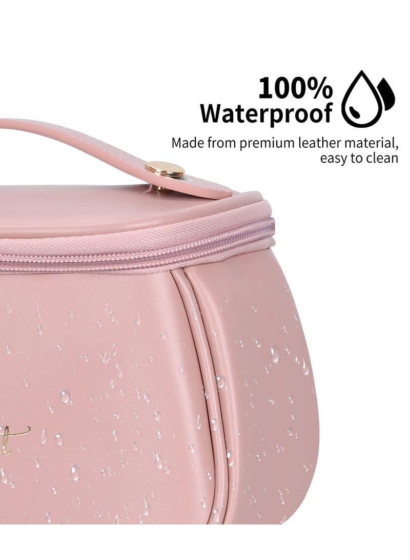 Excefore PU Cosmetic Bag, Large Capacity Travel Cosmetic Bag, Artist Makeup Travel Case, Waterproof Portable PU Makeup Organizer Bag with Handle Toiletry Bag Gifts for Girls Women (Pink) - Image 4