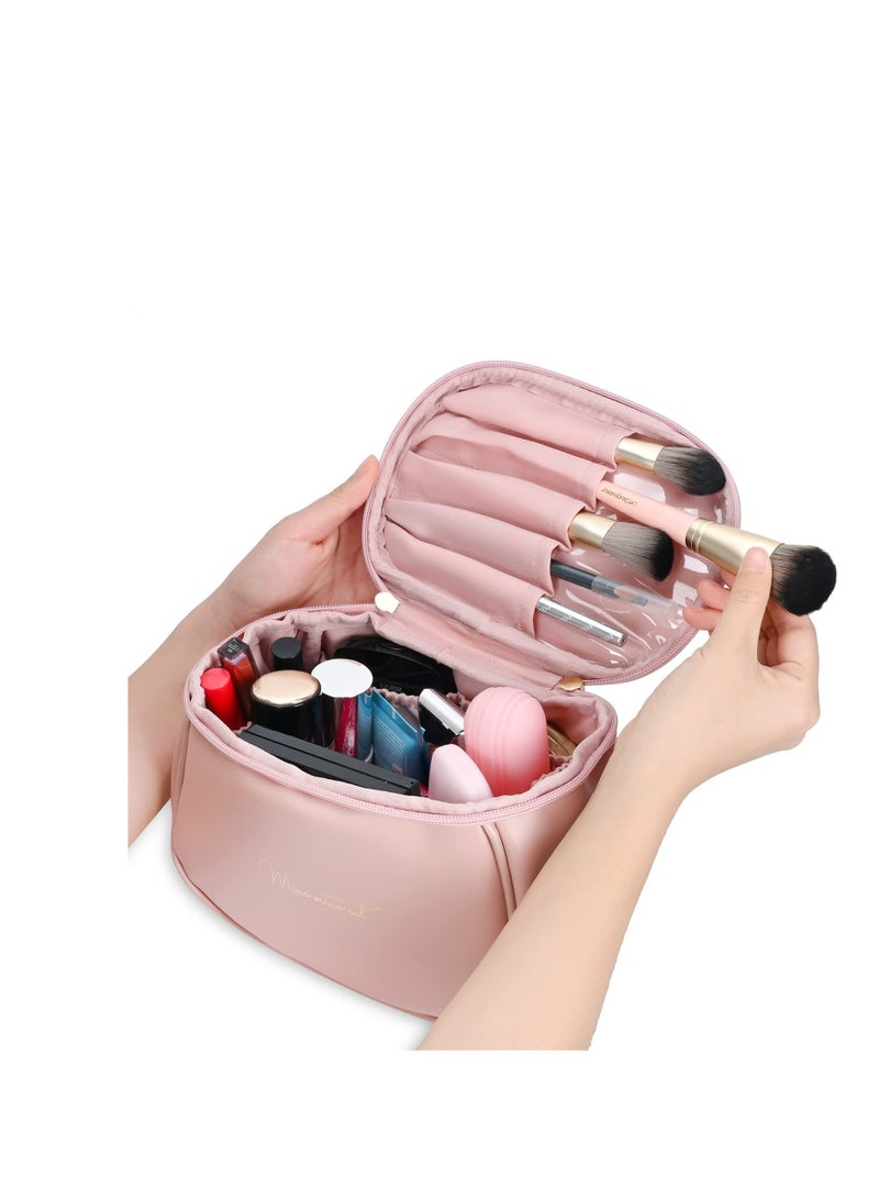 Excefore PU Cosmetic Bag, Large Capacity Travel Cosmetic Bag, Artist Makeup Travel Case, Waterproof Portable PU Makeup Organizer Bag with Handle Toiletry Bag Gifts for Girls Women (Pink) - Image 5
