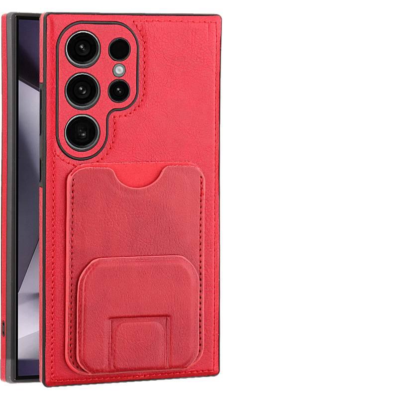 Drop Protection Samsung Galaxy S22 Scratch Resistant Leather Texture with Kickstand and Card Holder in Red - Image 1