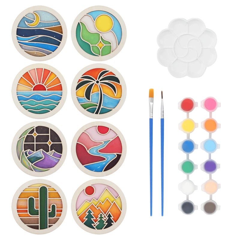 Temlum Wooden Coasters Painting Kit, Paint You Own Coaster Wooden Painting Craft Kit for Adults and Beginners Art Craft Supplies (Landscape) - Image 1