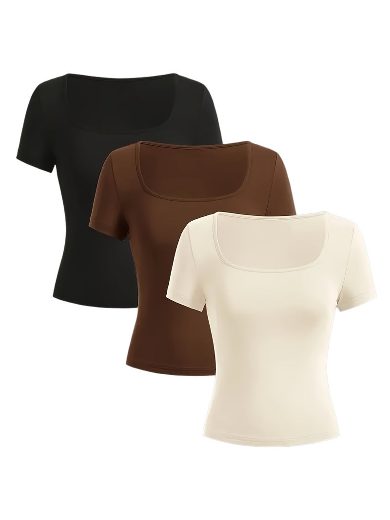 3pcs Set of Casual Comfortable Elegant Niche Design Square Neck Outwear Short Sleeve Tops - Mixed colors / XS - Image 1