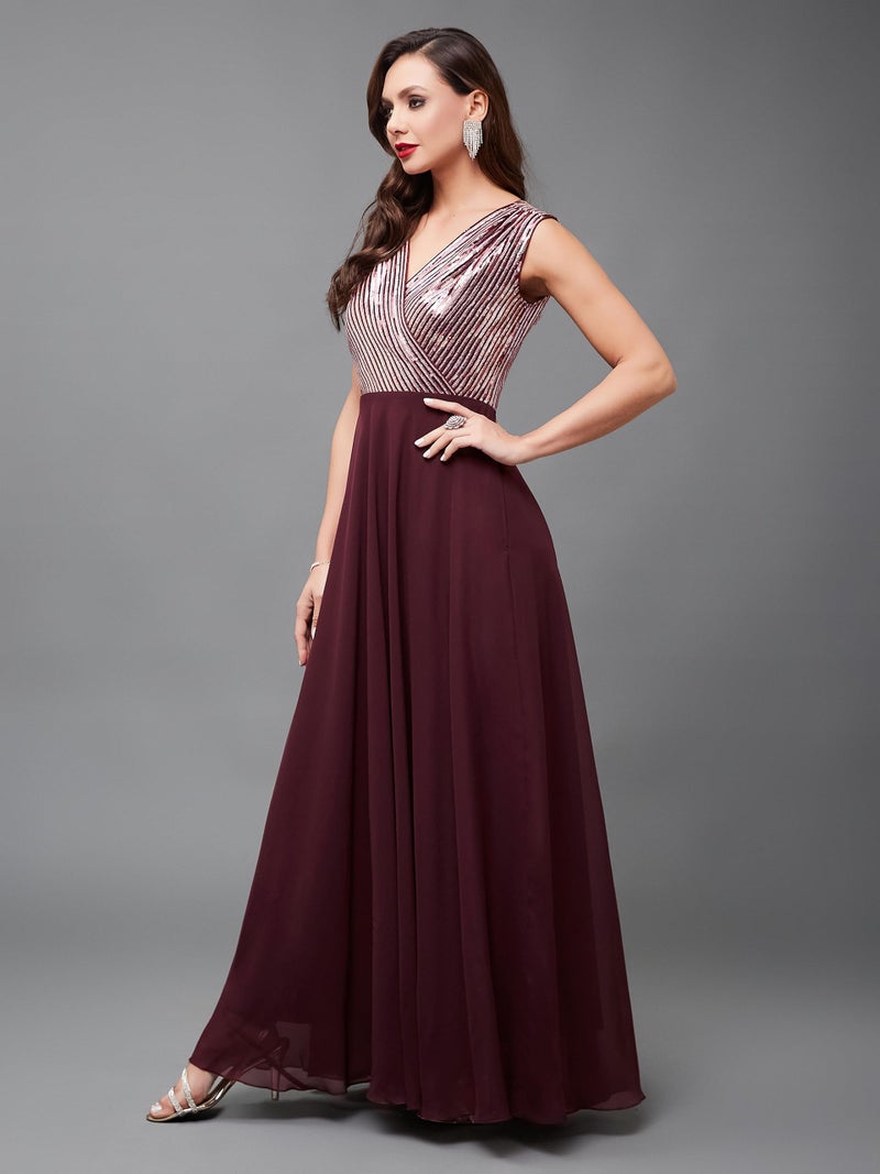 Miss Chase Women's V-Neck Sleeveless Embellished Wrap-Styled Maxi Dress (MCAW22D99-88-780-06, Rich Wine, XL) - Image 2