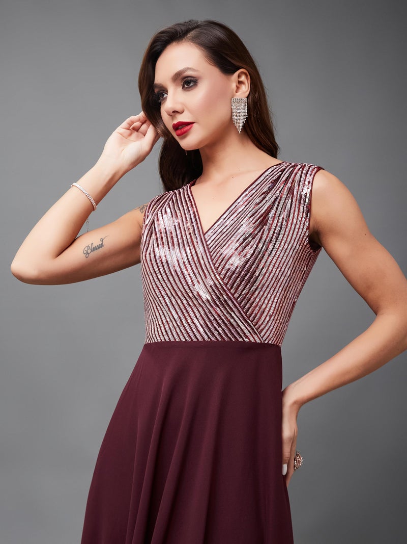 Miss Chase Women's V-Neck Sleeveless Embellished Wrap-Styled Maxi Dress (MCAW22D99-88-780-06, Rich Wine, XL) - Image 4