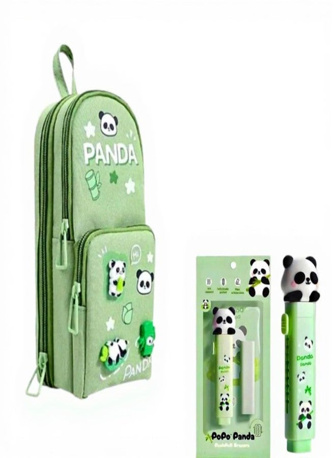 Baethan-Panda 3-Layer Big Capacity Pencil Case for Kids with Free Panda Push-Pull Eraser | School Bag Shape 6-Layer Storage Pencil Pouch | Cute Cartoon Stationery Organizer (Green Panda) - Image 1