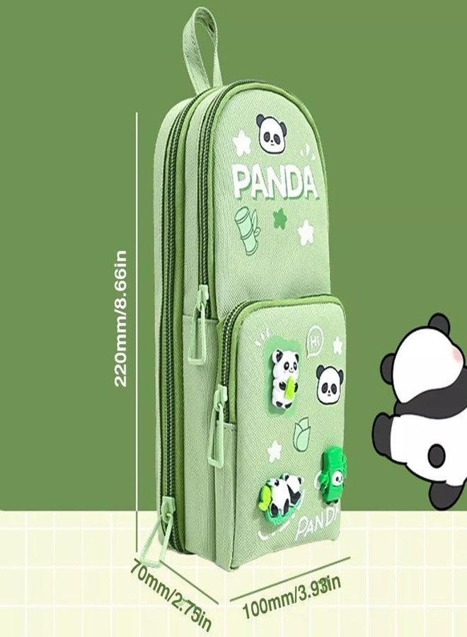 Baethan-Panda 3-Layer Big Capacity Pencil Case for Kids with Free Panda Push-Pull Eraser | School Bag Shape 6-Layer Storage Pencil Pouch | Cute Cartoon Stationery Organizer (Green Panda) - Image 2