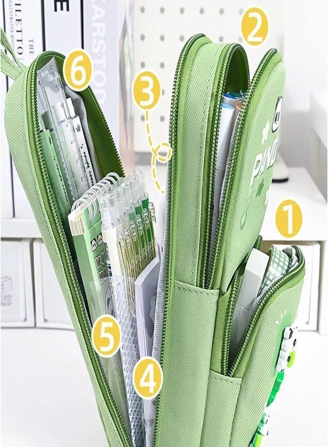 Baethan-Panda 3-Layer Big Capacity Pencil Case for Kids with Free Panda Push-Pull Eraser | School Bag Shape 6-Layer Storage Pencil Pouch | Cute Cartoon Stationery Organizer (Green Panda) - Image 4