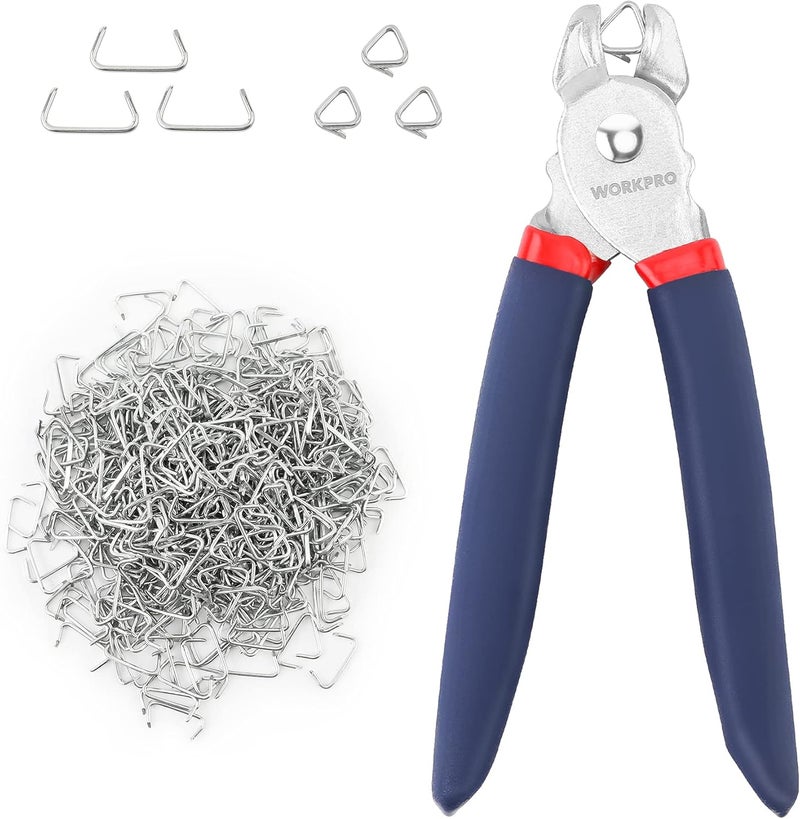 WORKPRO Hog Ring Pliers with 500 Pcs 3/4" Hog Rings, Galvanized Steel Hog Rings Perfect for Furniture Upholstery, Auto Upholstery, Plastic Meat & Sausage Casings - Image 1