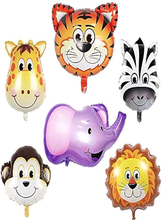 Secret Animal Foil Safari Balloons Pack of 6 Jungle Theme Party Supplies for Birthday or Baby Shower Decorations Durable Mylar Zoo Decor Large Lion Zebra Giraffe Monkey Elephant Tiger Balloons