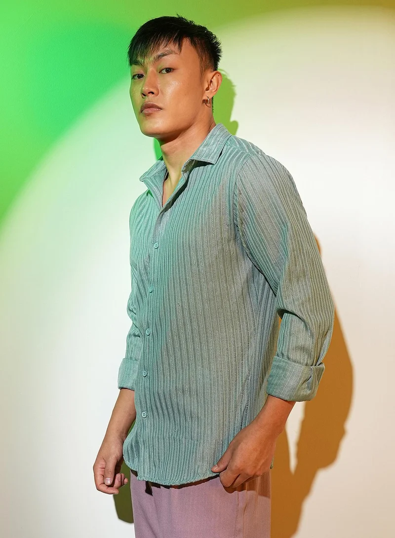 Campus Sutra Men's Sea Green Ribbed-Striped Shirt