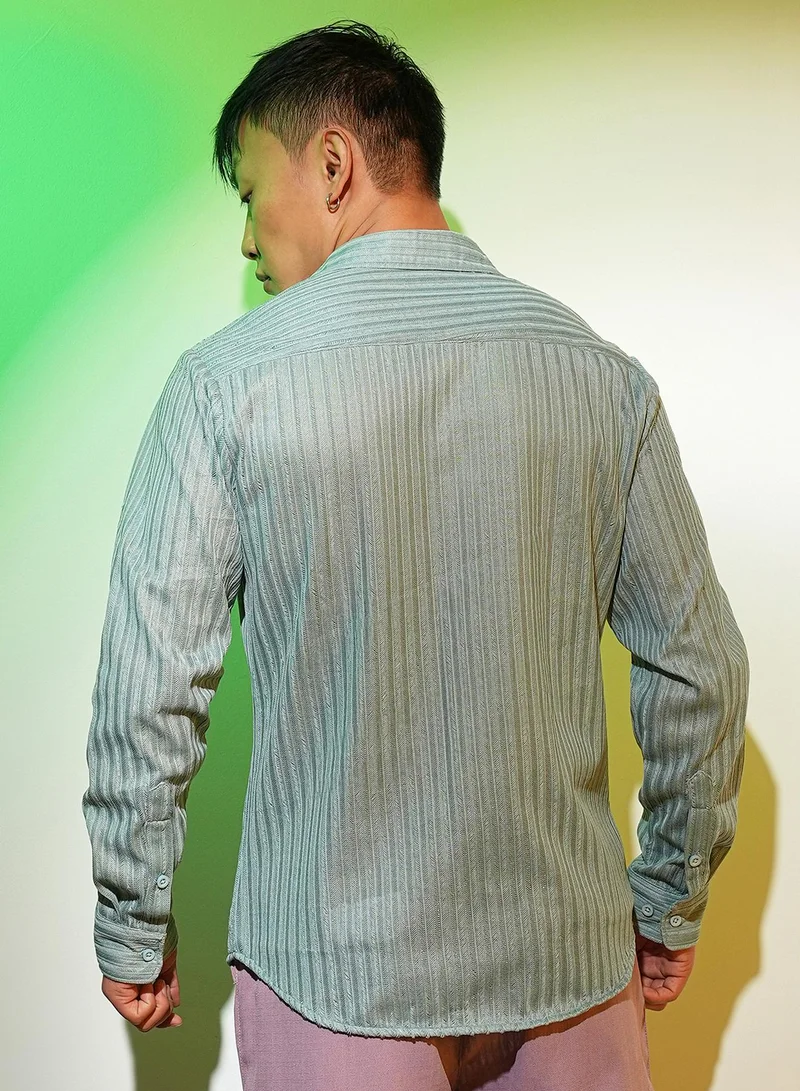 Campus Sutra Men's Sea Green Ribbed-Striped Shirt