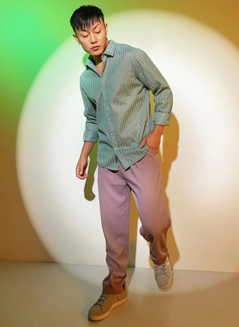 Campus Sutra Men's Sea Green Ribbed-Striped Shirt