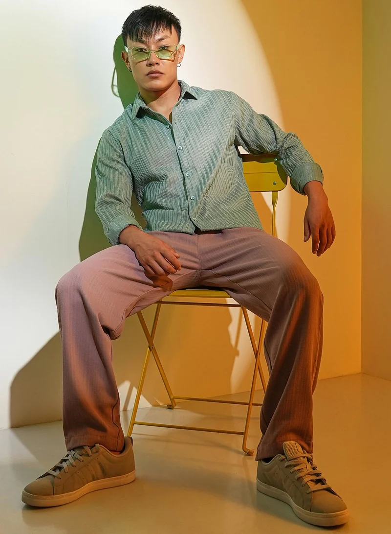 Campus Sutra Men's Sea Green Ribbed-Striped Shirt