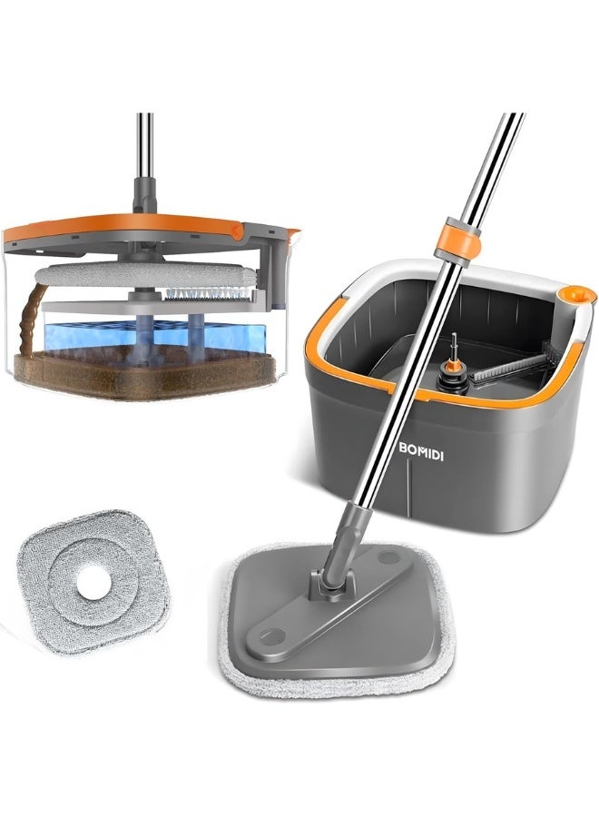 Spin Mop and Bucket Set with Self Separation Dirty and Clean Water System with 1Reusable Mop Pads 360° Rotating Square Mop-Head Used for Ceramic Tile, Wood Floor - Image 1