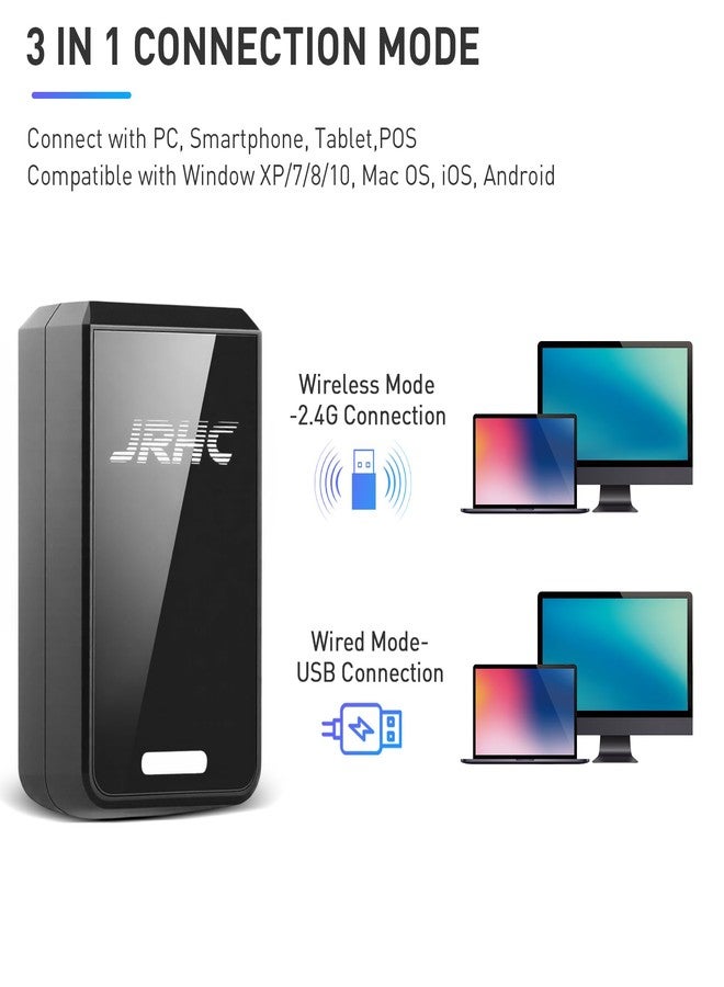 JRHC 1D 2D Wireless Barcode Scanner Bluetooth, Mini Portable Barcode Reader, 3-in-1 BT & 2.4G & USB Wired QR Code Scanner, Compatible with Android, iOS, Windows, Mac Tablets Or PC - Image 2