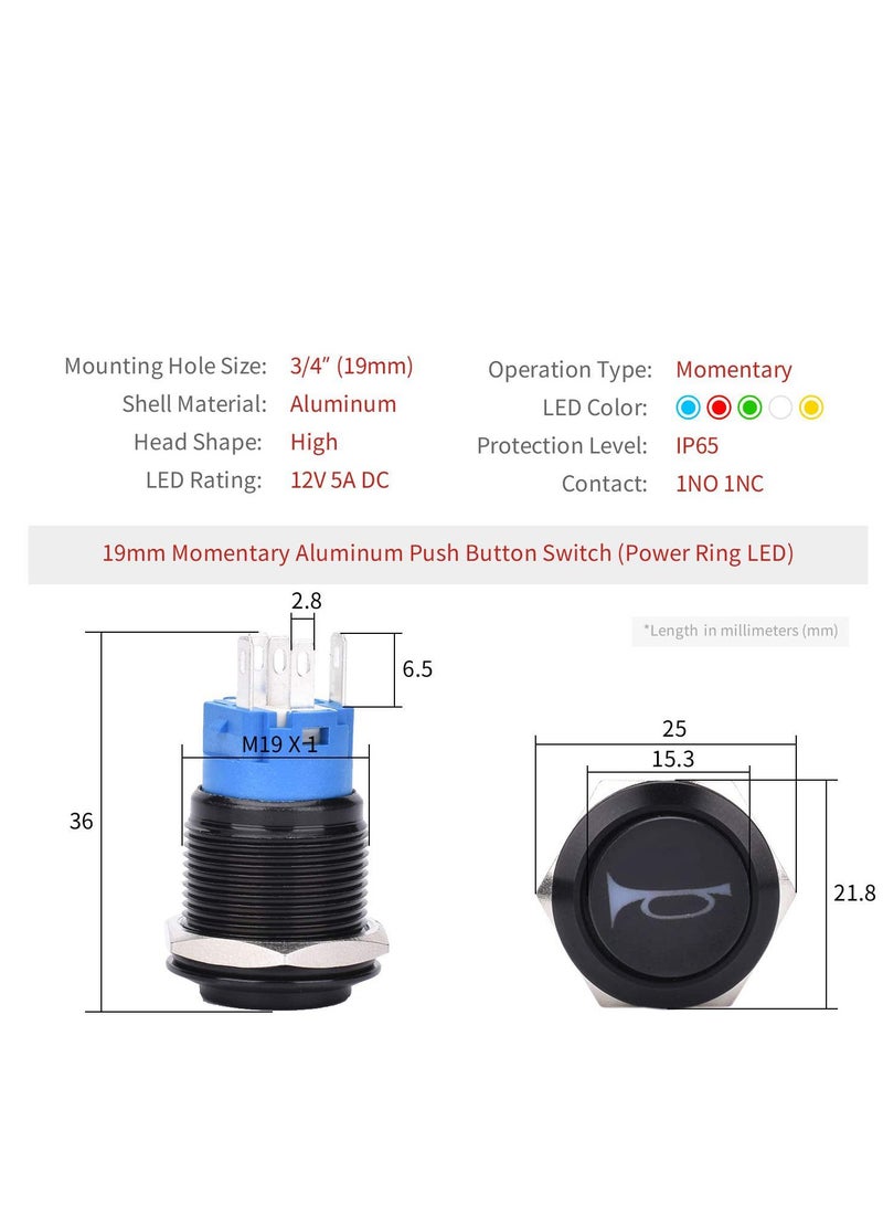 KASTWAVE 19mm 12V Momentary Speaker Horn Push Button Toggle Switch 3/4" Mounting Hole 1NO 1NC SPDT with Pre-Wiring Socket for Car Auto Motor Aluminium Alloy, Push Button Latching Switch (Blue/Black Shell) - Image 2