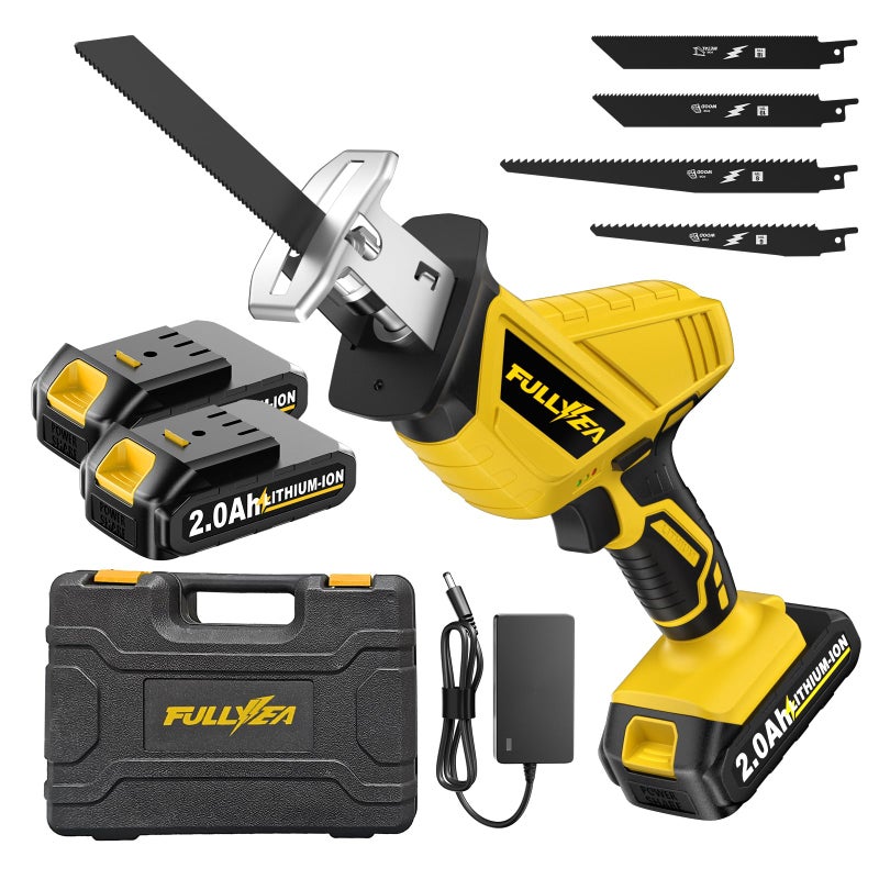 FULLYEA Reciprocating Saw Cordless, Variable Speed 0-3500SPM Power Reciprocating Saw, Tool-Free Blade Change, Battery Reciprocating Saws with 4 Saw Blades for Woods/Metal/Plastic Cutting, Yellow - Image 1