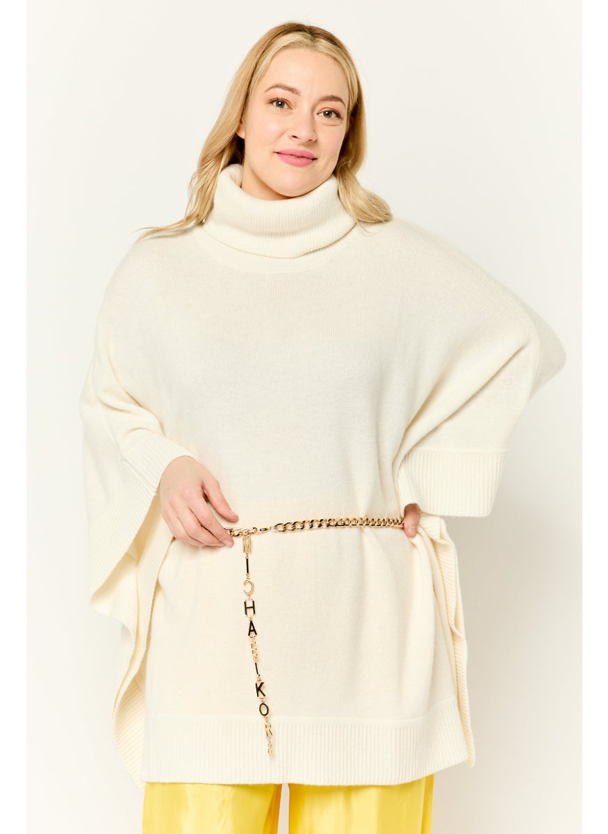 Michael Kors Women Turtle Neck Plain Chain Belted Poncho, Cream  - Image 1