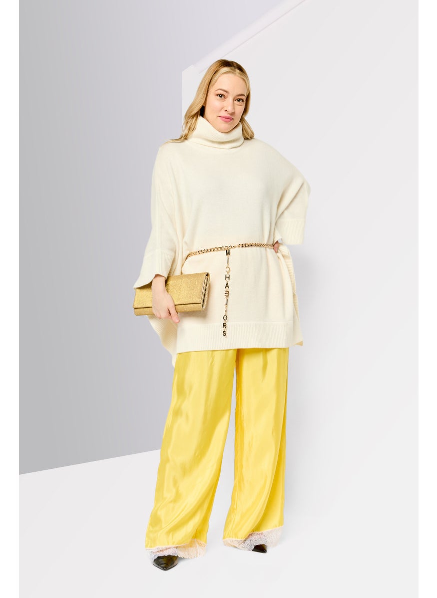 Michael Kors Women Turtle Neck Plain Chain Belted Poncho, Cream  - Image 2