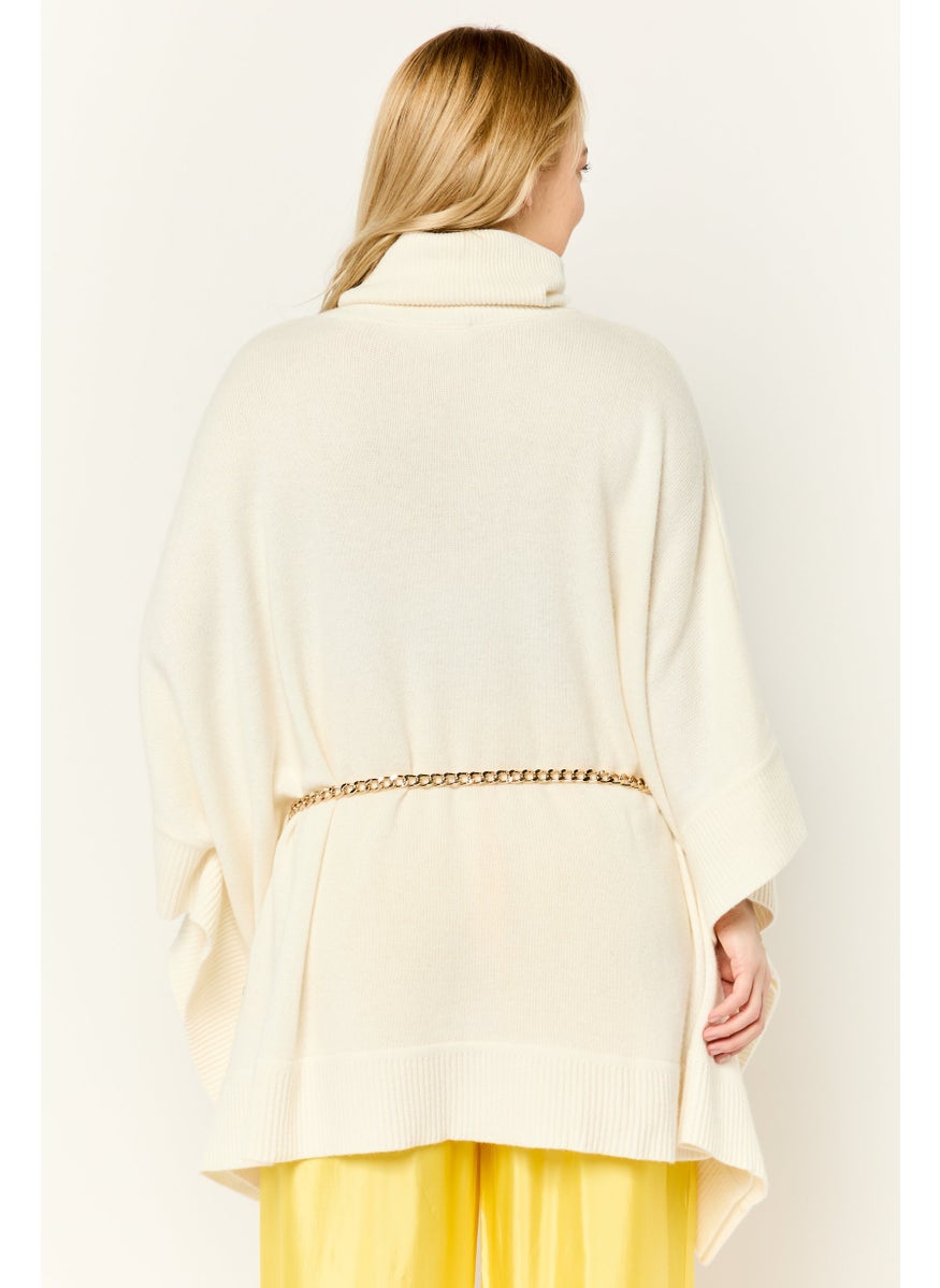 Michael Kors Women Turtle Neck Plain Chain Belted Poncho, Cream  - Image 4
