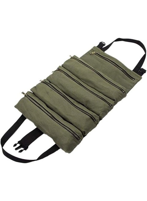 Roll-up kit, canvas wrench roll bag, tool bag roll bag, 5 zippered kits, multi-tool bag organization, multi-tool kit (green)
