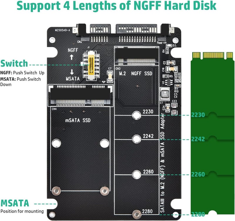 ETZIN محول M.2 SATA إلى SATA (لا يدعم NVME/M.2 PCIE) MSATA ومفتاح B/M مفتاح M.2 NGFF SDD إلى 2.5" SATA III محول 2 في 1 يدعم MSATA/M.2 NGFF SSD غير مناسب لمفتاح M (EPL-1082HS) - Image 2