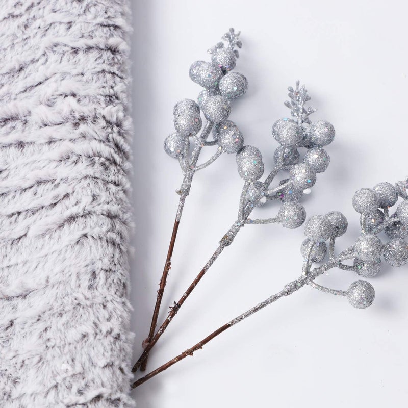 BAKEFY BAKEFY Silver 3 Bunch Beery Christmas Glitter Berries Stems Silver Mini Berries Stems Mini Christmas Berry Picks for Christmas Tree Ornaments  - Image 1