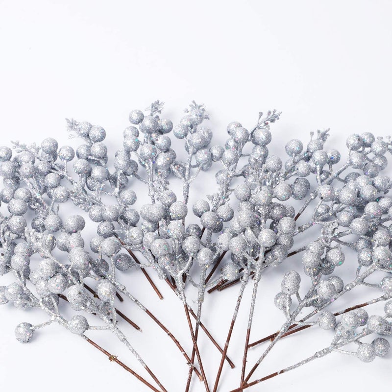 BAKEFY BAKEFY Silver 3 Bunch Beery Christmas Glitter Berries Stems Silver Mini Berries Stems Mini Christmas Berry Picks for Christmas Tree Ornaments  - Image 3