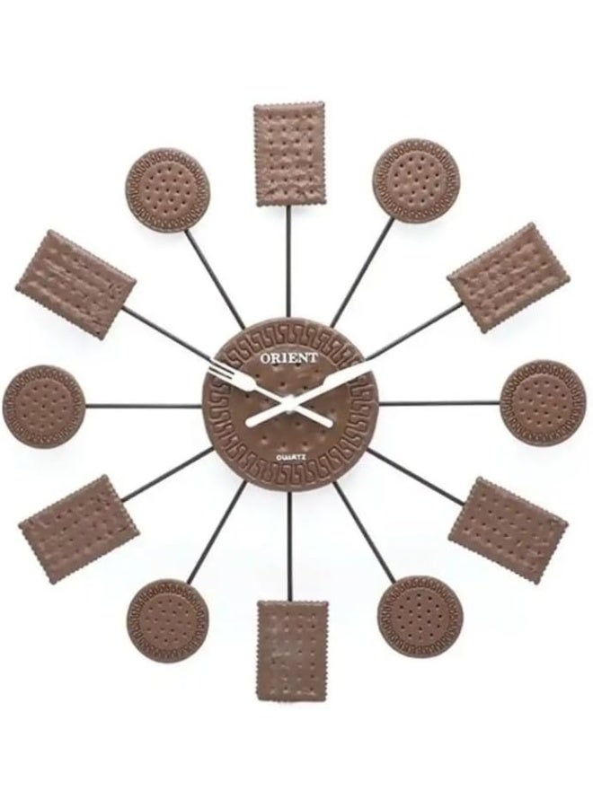 DAY TO DAY Orient Round And Square Cookie Biscuit Themed Wall Clock With Fork And Knife As Hand 15X15X3CM Dark Brown - Image 1