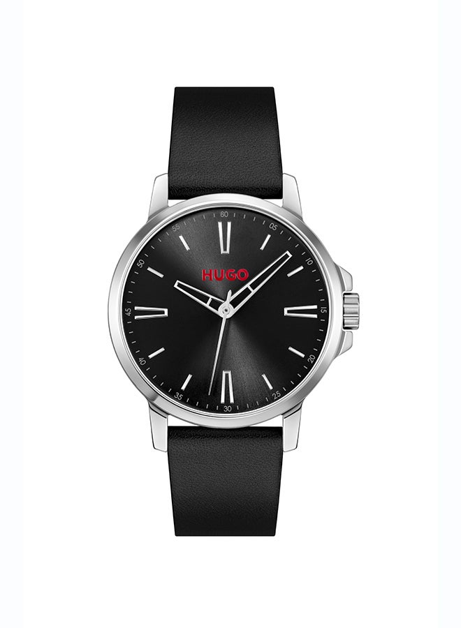 HUGO #SMOOTH Men's Quartz Watch with Black Dial and Black Leather Strap - 1530417