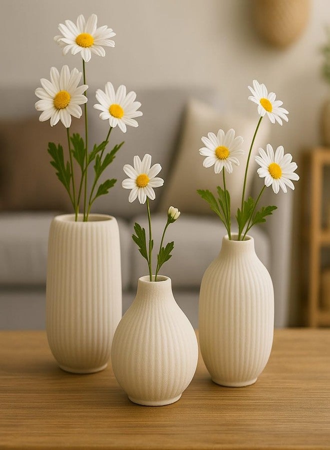 AABCO Ceramic Vase Set, White, Ribbed Texture, 3 Pieces, Small Bud Vases Decorative Home Decor Flower Vase, Modern Planter for Office/Home/Living Room Decor - Image 3