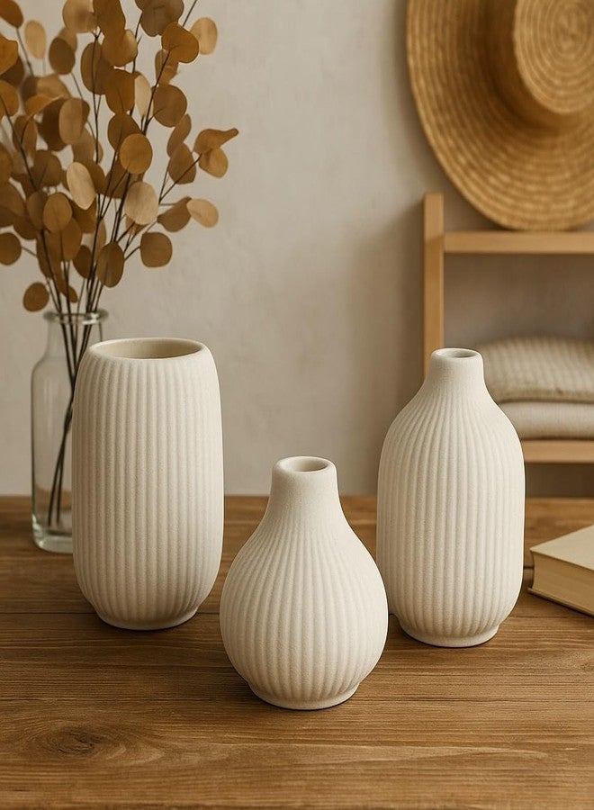 AABCO Ceramic Vase Set, White, Ribbed Texture, 3 Pieces, Small Bud Vases Decorative Home Decor Flower Vase, Modern Planter for Office/Home/Living Room Decor - Image 1