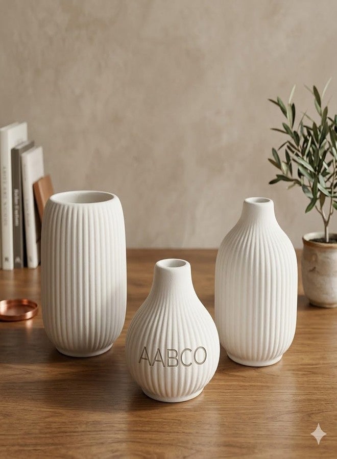 AABCO Ceramic Vase Set, White, Ribbed Texture, 3 Pieces, Small Bud Vases Decorative Home Decor Flower Vase, Modern Planter for Office/Home/Living Room Decor - Image 4
