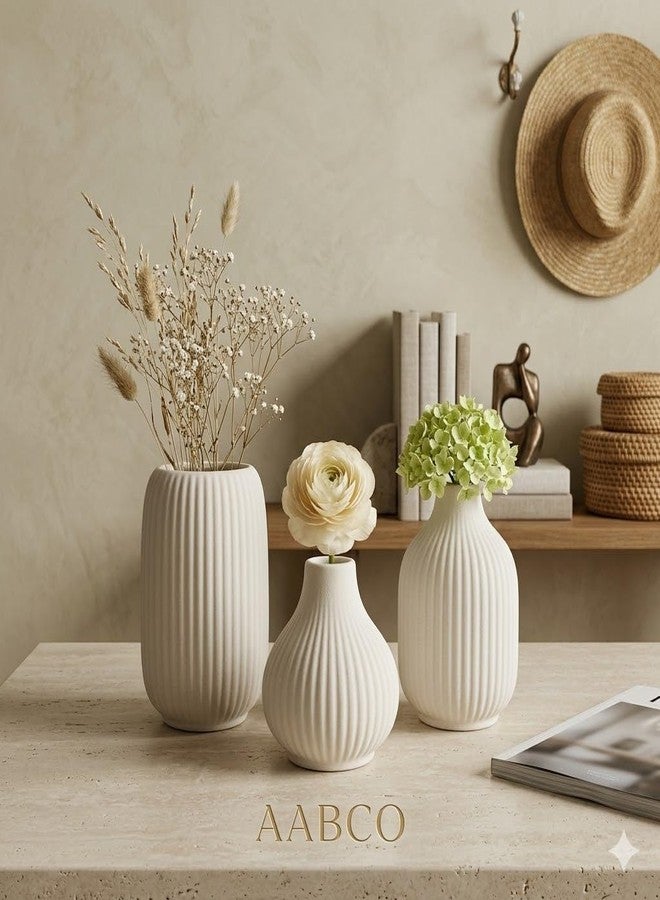 AABCO Ceramic Vase Set, White, Ribbed Texture, 3 Pieces, Small Bud Vases Decorative Home Decor Flower Vase, Modern Planter for Office/Home/Living Room Decor - Image 5