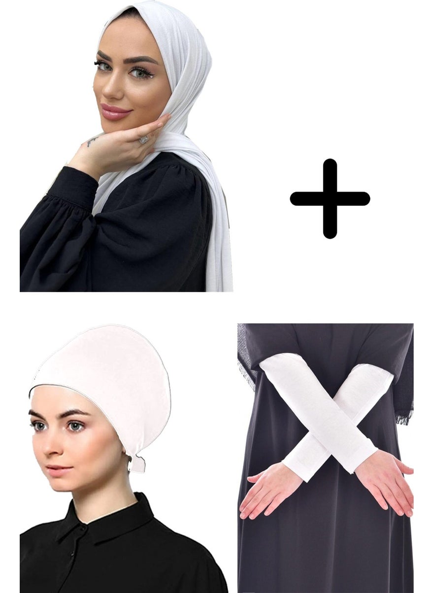 Belifanti Collection Women's Combed Cotton Shawl Plain Bonnet Prayer Sleeve White Set of 3  - Image 1