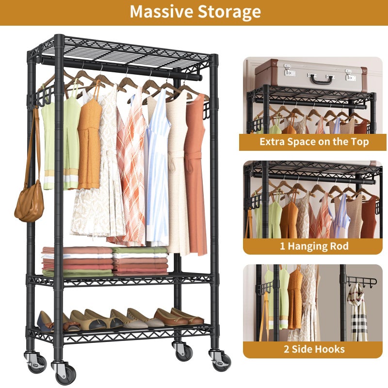 Golpart Heavy Duty Clothes Rack Rolling Garment Rack,3 Tier Adjustable Wire Shelving Clothing Racks for Hanging Clothes with Hanger Rod&Side Hooks,Freestanding Wardrobe Storage Rack Metal Portable Closet - Image 4