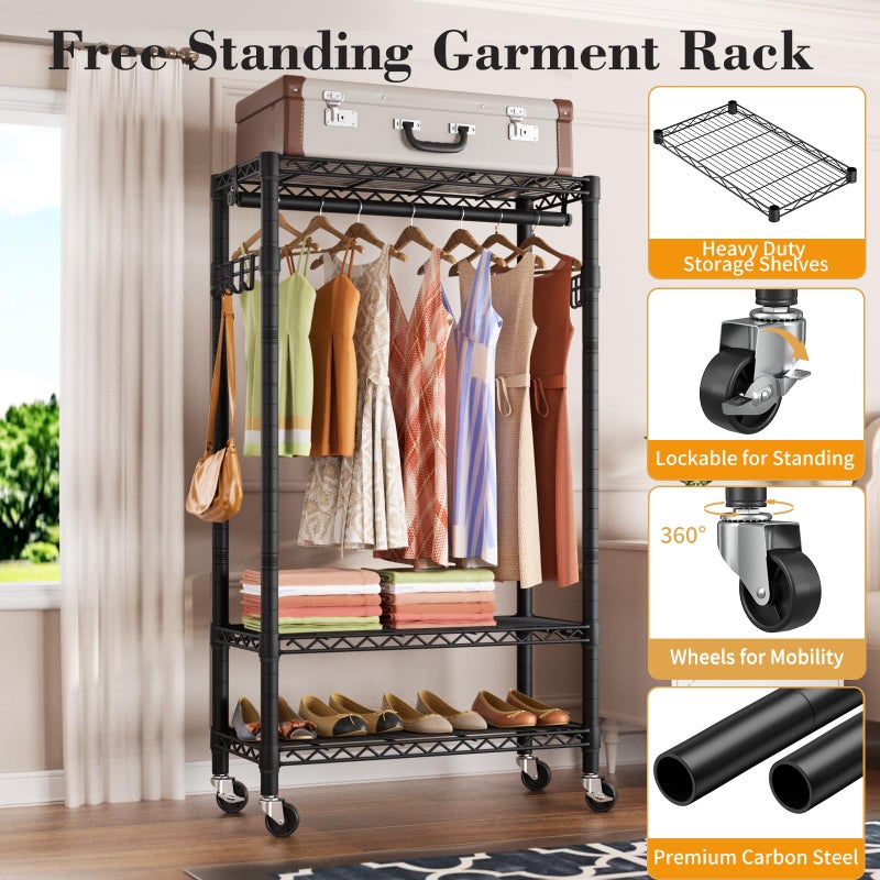 Golpart Heavy Duty Clothes Rack Rolling Garment Rack,3 Tier Adjustable Wire Shelving Clothing Racks for Hanging Clothes with Hanger Rod&Side Hooks,Freestanding Wardrobe Storage Rack Metal Portable Closet - Image 3