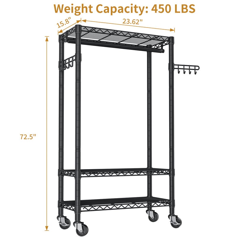 Golpart Heavy Duty Clothes Rack Rolling Garment Rack,3 Tier Adjustable Wire Shelving Clothing Racks for Hanging Clothes with Hanger Rod&Side Hooks,Freestanding Wardrobe Storage Rack Metal Portable Closet - Image 5
