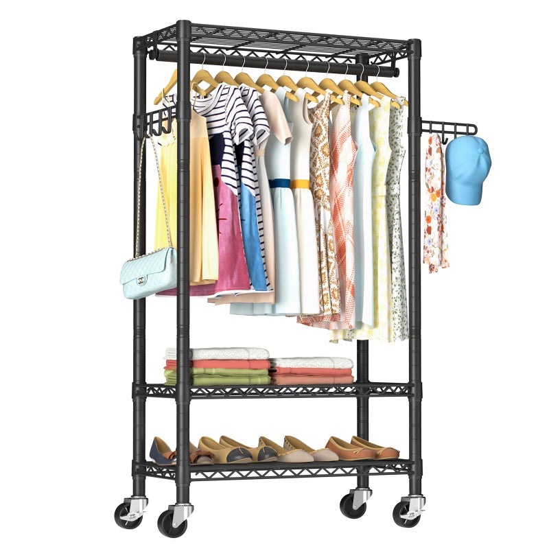 Golpart Heavy Duty Clothes Rack Rolling Garment Rack,3 Tier Adjustable Wire Shelving Clothing Racks for Hanging Clothes with Hanger Rod&Side Hooks,Freestanding Wardrobe Storage Rack Metal Portable Closet - Image 1