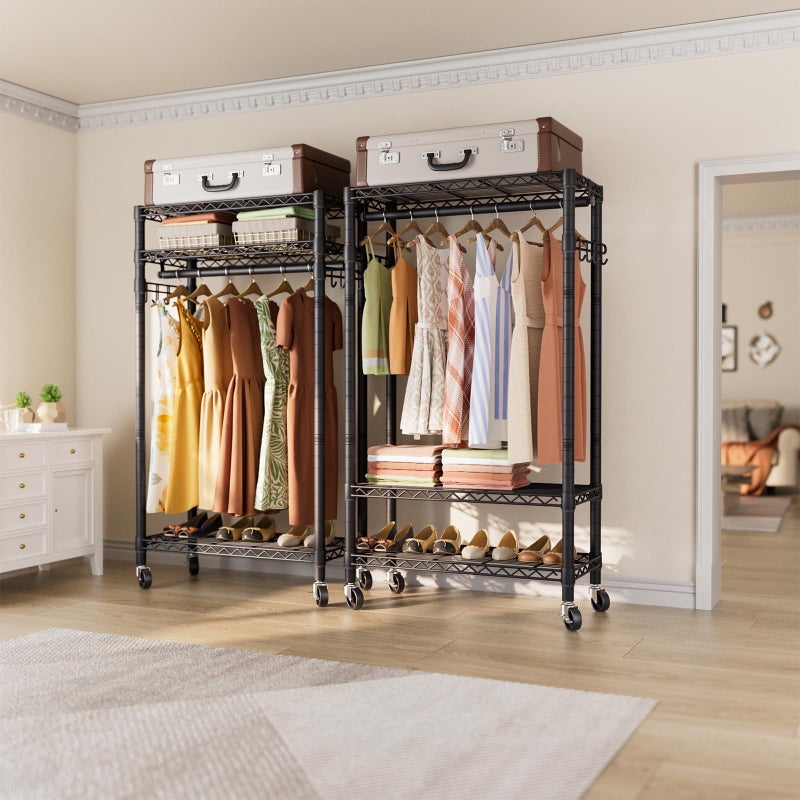 Golpart Heavy Duty Clothes Rack Rolling Garment Rack,3 Tier Adjustable Wire Shelving Clothing Racks for Hanging Clothes with Hanger Rod&Side Hooks,Freestanding Wardrobe Storage Rack Metal Portable Closet - Image 2