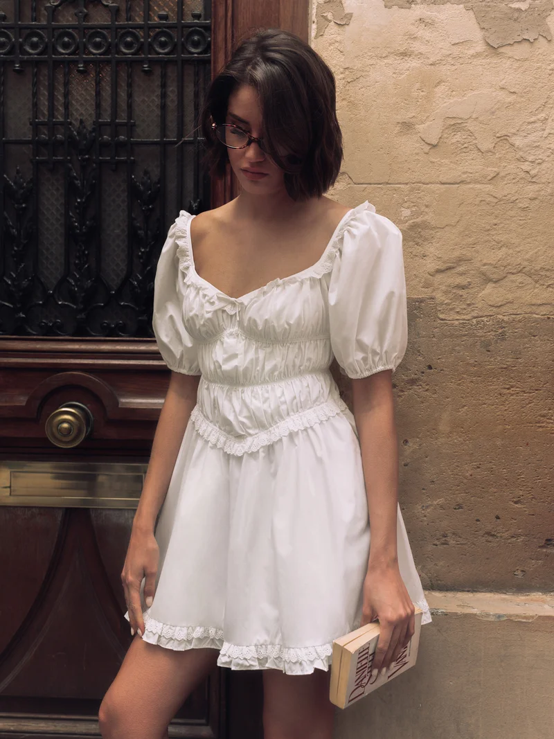Lichi Mini dress with elasticated waist and lace ruffles