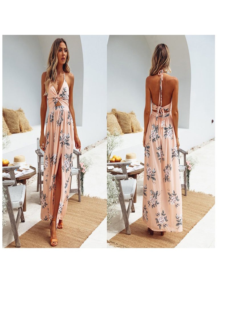 xozgdovg Strap V-neck chiffon print dress Sexy split beach dress - Image 1